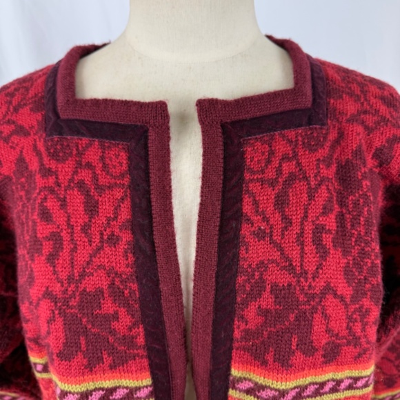 Oleana Norwegian Story Sweater M/L Red Orange Floral Wool Cropped Cardigan - Picture 7 of 13